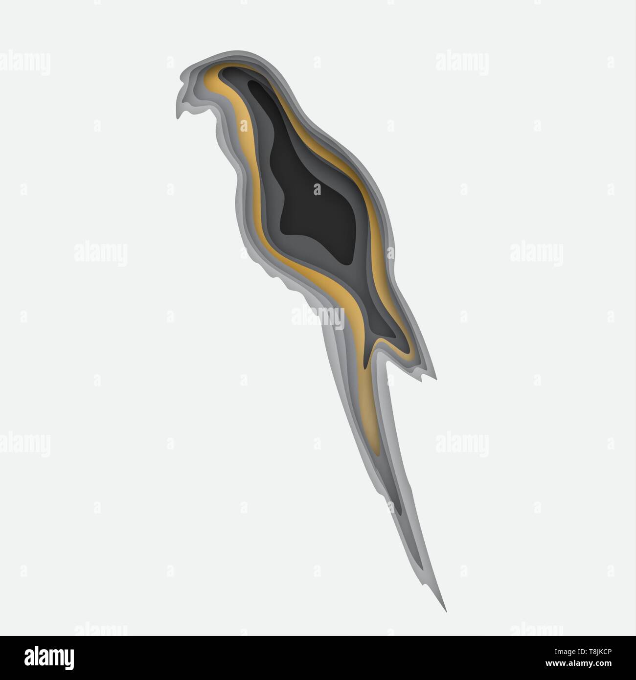 L'art du papier 3d illustration. Oiseaux tropicaux d'un perroquet ara en papier d'or et d'art de style demi-teinte gris dégradés. Disposition de conception de bannières présentations Illustration de Vecteur