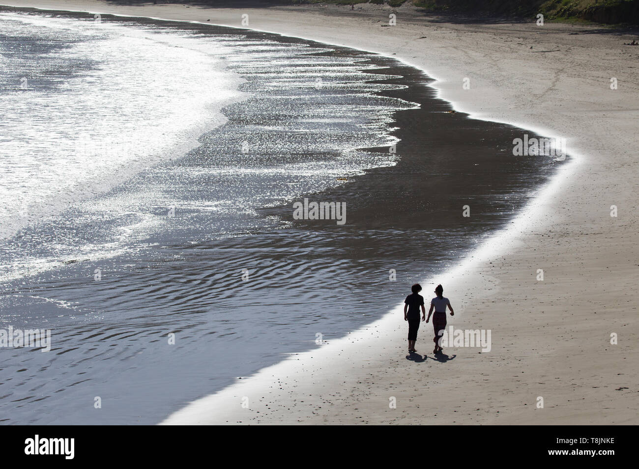 La silhouette du Couple marchant le long de la mer Banque D'Images