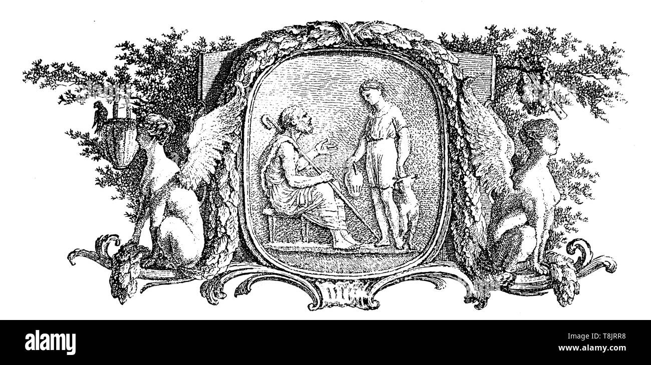 Typographie, chapitre frontispice avec figures mythologiques par Salomon Gessner 18e siècle Banque D'Images