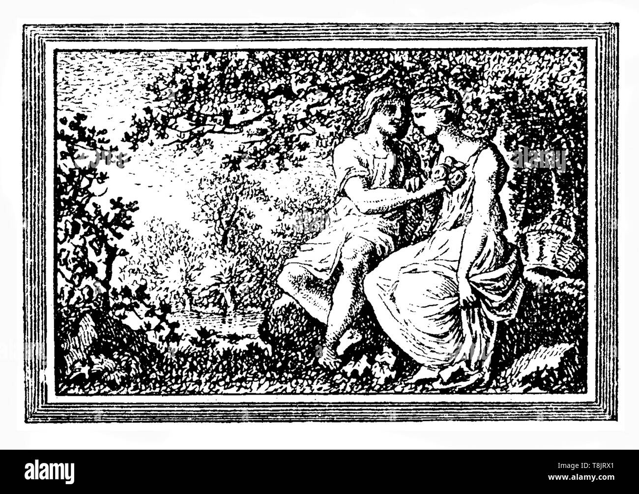 Vignette avec une scène pastorale et couple aimant, élément typographique par Salomon Gessner 18e siècle Banque D'Images