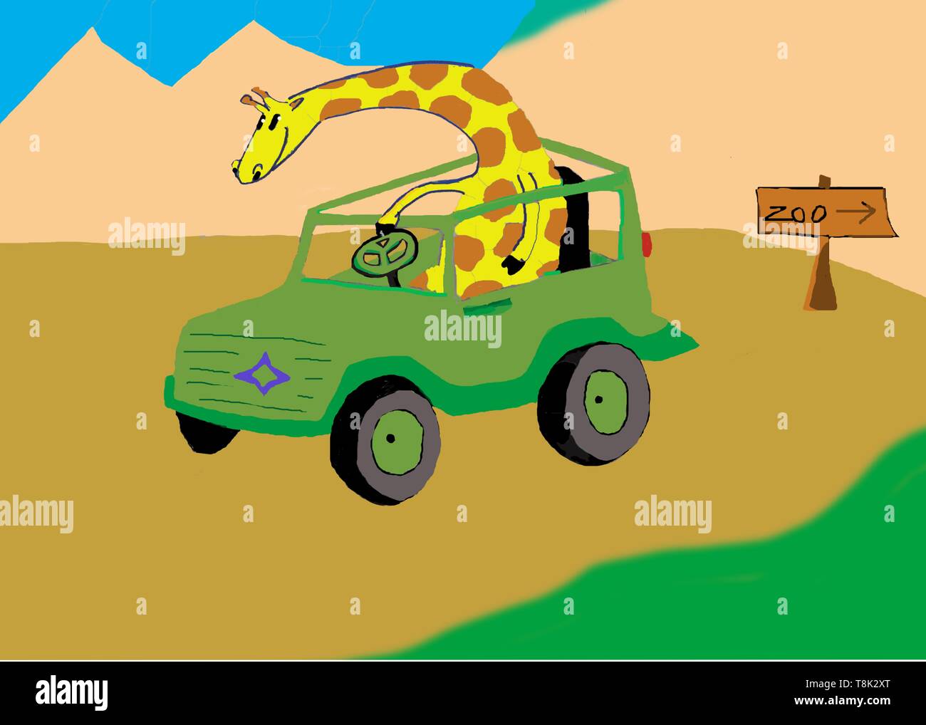 L'illustration pour enfants. Girafe en voiture. Zoo d'évasion Banque D'Images