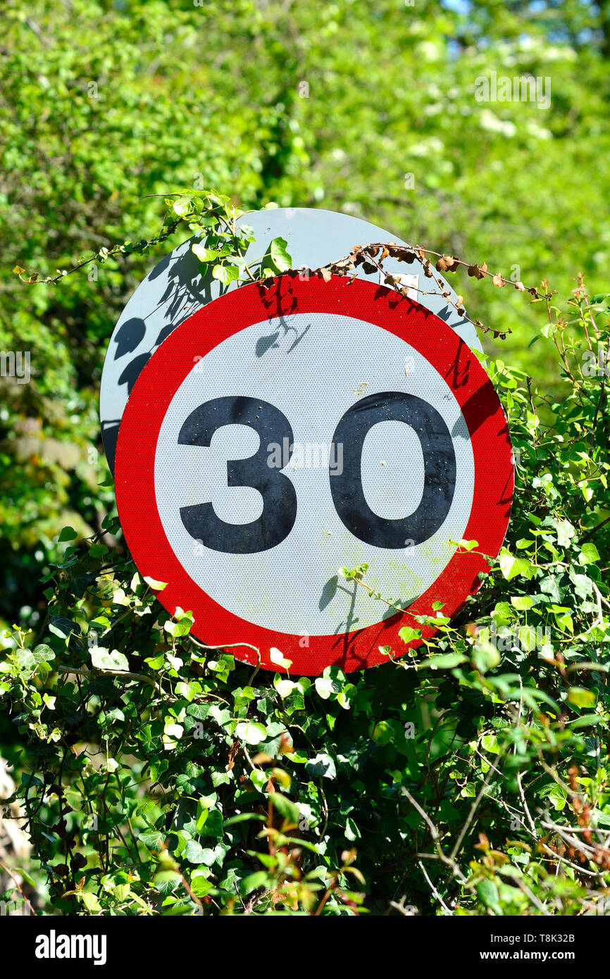 30 Mile par heure limite de vitesse s'identifier une haie, Boughton Monchelsea village, Kent, Angleterre. Banque D'Images