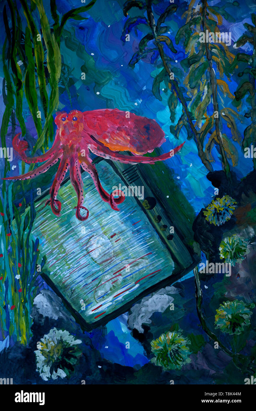 Octopus sous l'eau sur l'écran de télévision, gouache fantasy peinture, style naïf Banque D'Images