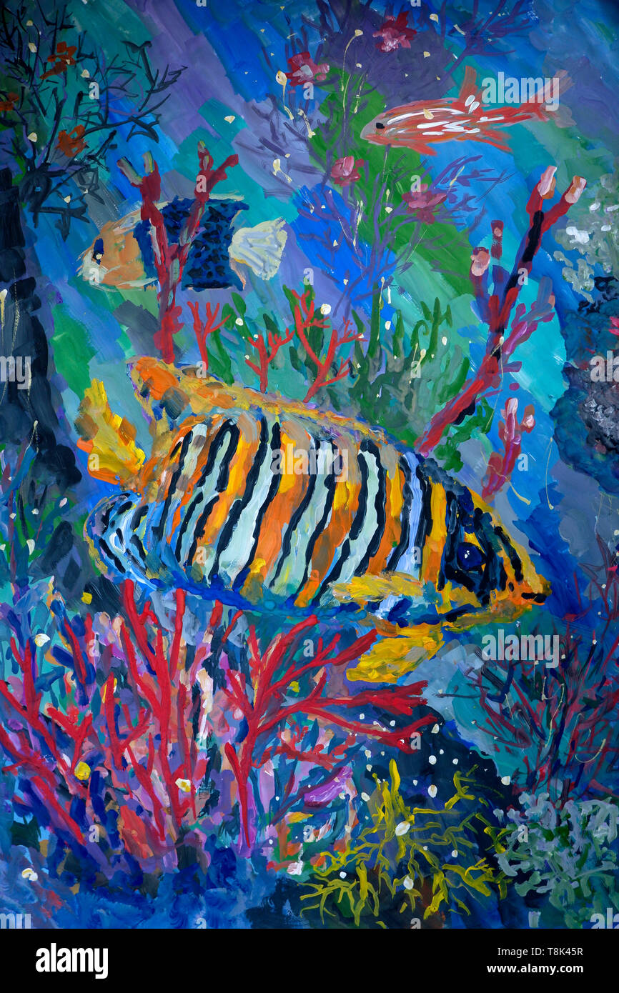 Colorés tropicaux de poissons dans la mer, gouache peinture, style naïf Banque D'Images