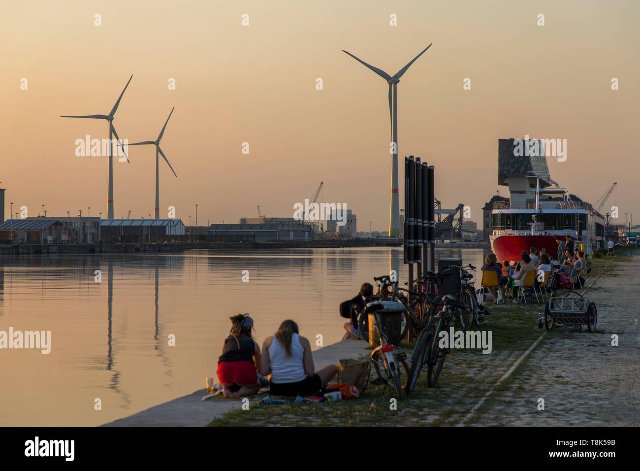 Froid le soir sur les rives de l'Escaut, sur la rive droite, l'ancienne zone portuaire, d'Anvers, Flandre, Belgique, le vieux port, des restaurants, des grues Banque D'Images