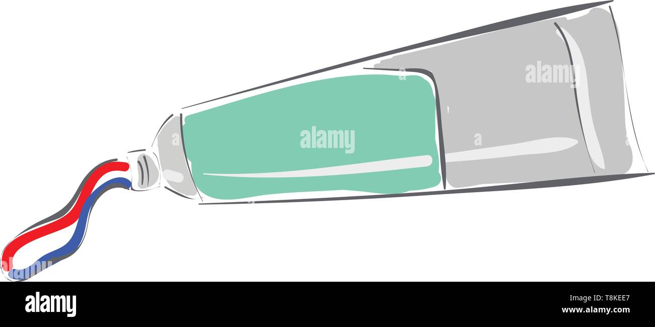 Peinture d'un tube de dentifrice chiffonné, avec blanc, bleu et rouge dentifrice à rayures dans un jeu de forme de zigzag isolées sur fond blanc vu de t Illustration de Vecteur
