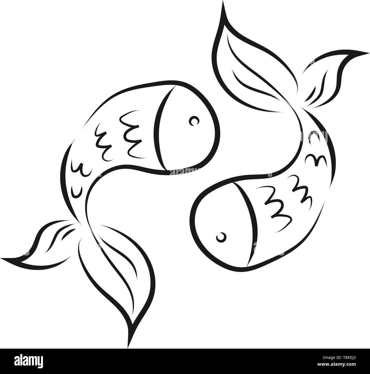 Silhouette de deux poissons de couleur noir en face de l'autre, ont queues fourchues et m'en forme de conception, Scénario, dessin en couleur ou d'illustration. Illustration de Vecteur