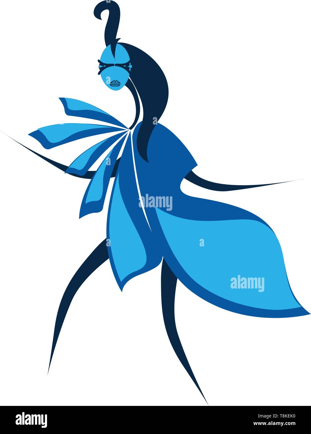 Un caractère très agressif dans un costume bleu, avec les longs cheveux de son front et stick-comme les jambes et les mains, se dresse comme si terrifiant d'assau Illustration de Vecteur