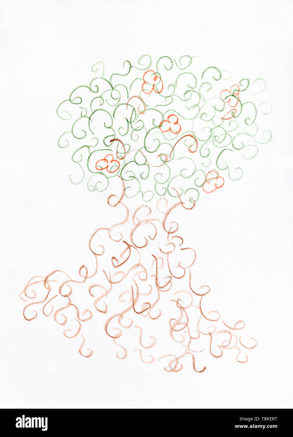 Arbre généalogique de fantaisie de gribouillis dessiné à la main par des crayons de couleur sur papier blanc Banque D'Images