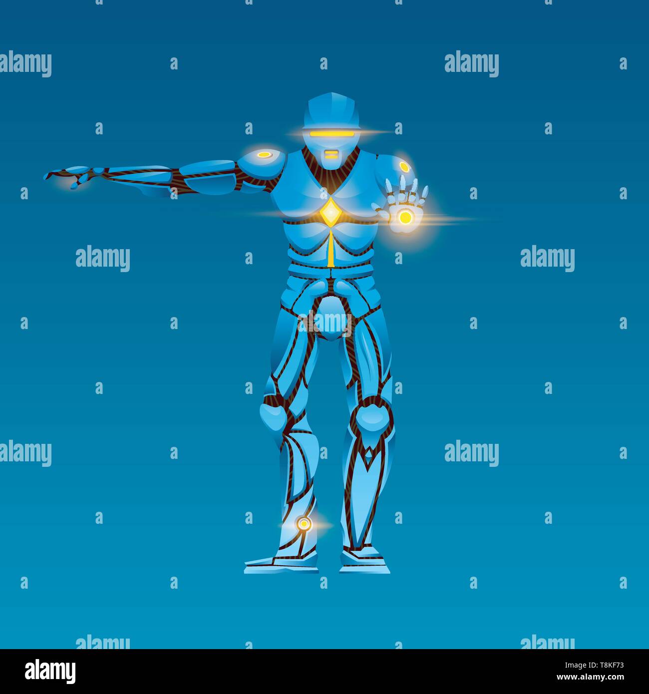 Cyborg homme élégant. Robot humanoïde avec l'intelligence artificielle, AI. caractère montre les gestes. Illustration de Vecteur