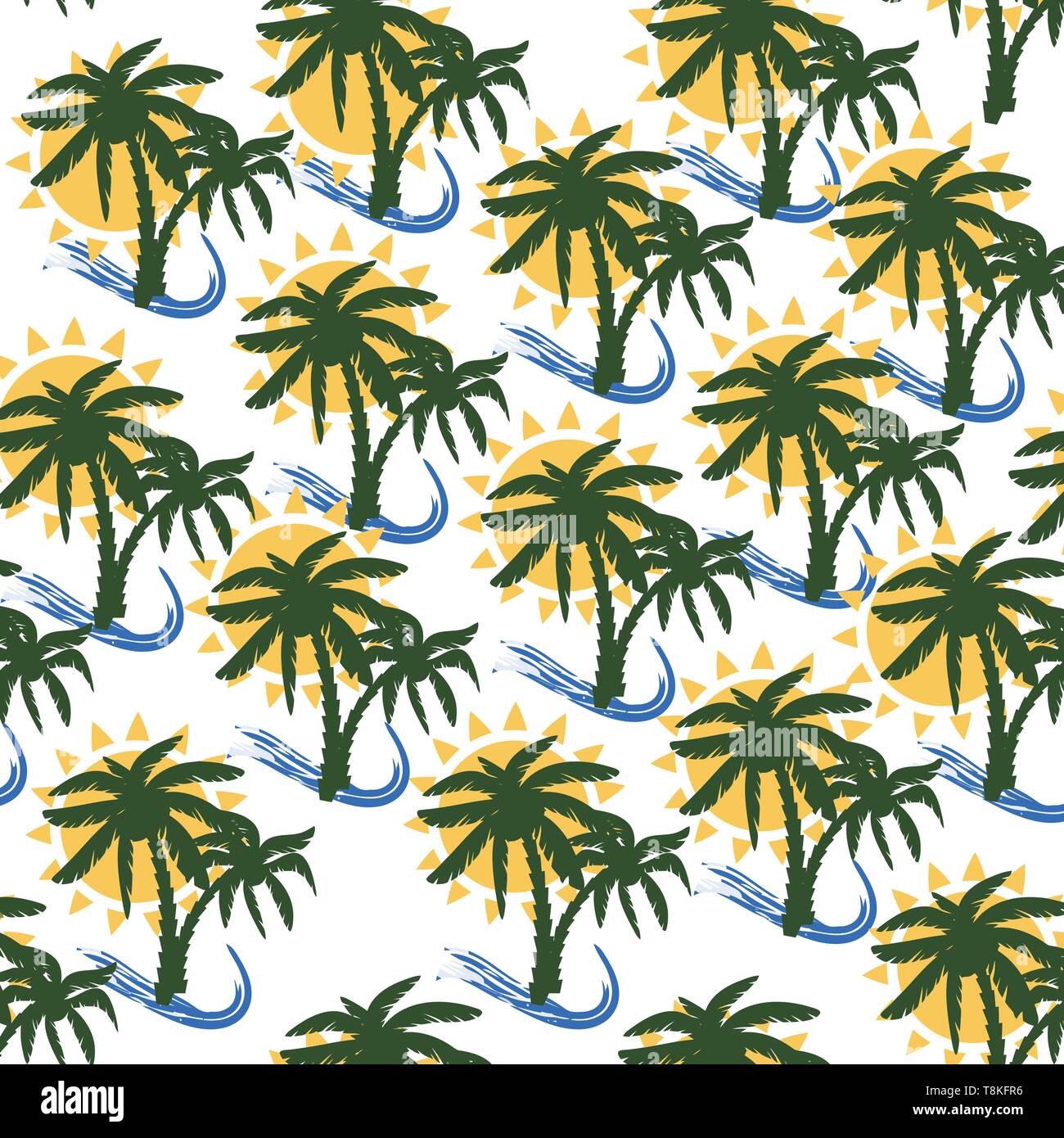 Palmier, soleil et vagues, texture pattern illustration vectorielle. Imprimer tropical pour le design textile Illustration de Vecteur