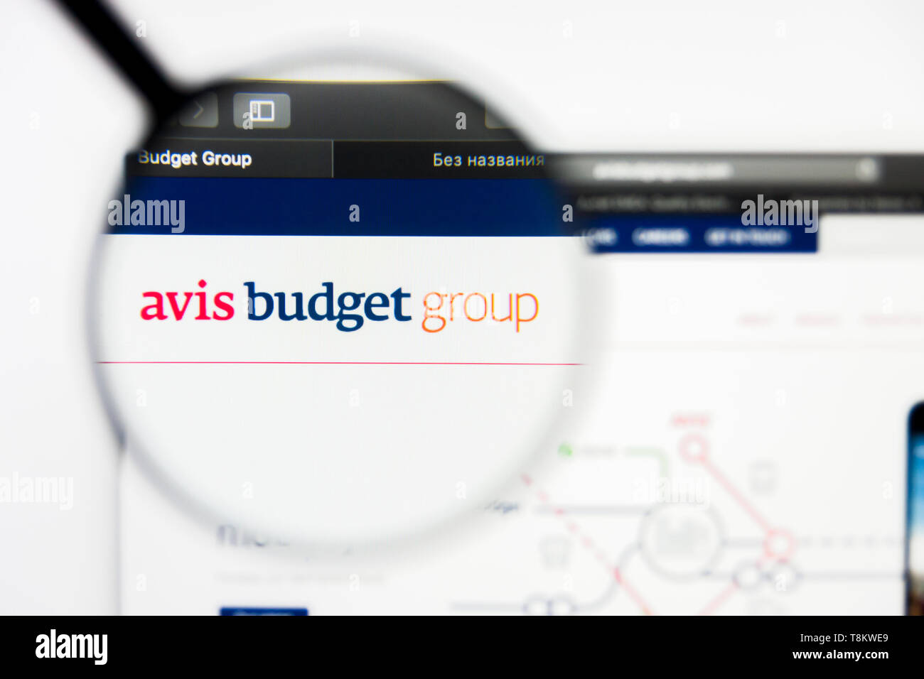 Richmond, Virginie, USA - 9 mai 2019 : rédaction d'illustration d'Avis Budget Group Inc Page d'accueil du site. Avis Budget Group Inc visible sur l'écran du logo Banque D'Images