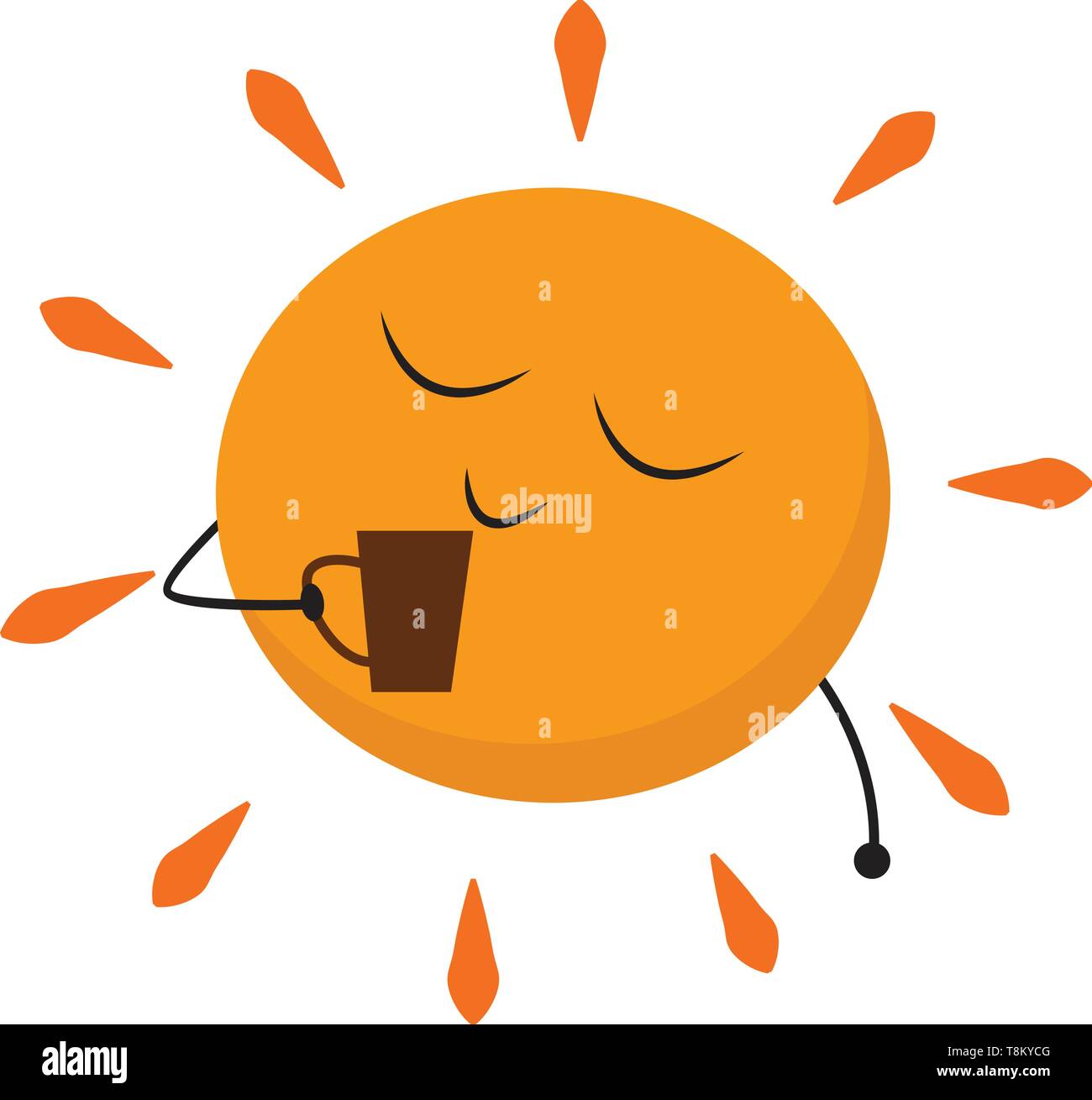 Soleil orange avec deux yeux et deux mains tenant et boire d'une tasse de verre dans la main, Scénario, dessin en couleur ou d'illustration. Illustration de Vecteur