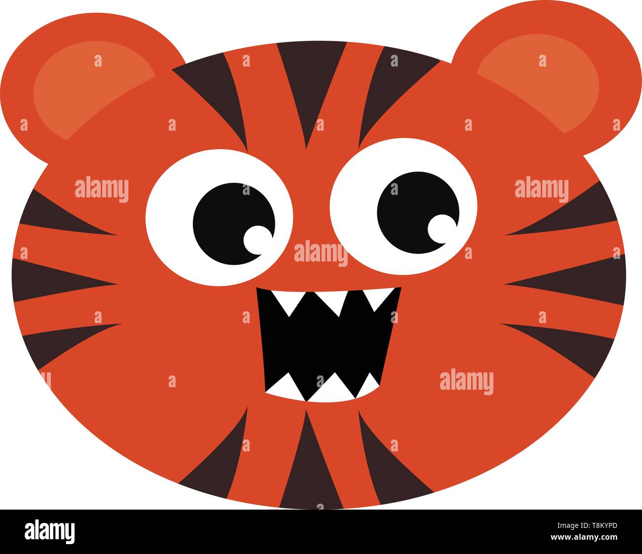 Petit little round face tiger orange en couleur avec des bandes noires, bouche ouverte et dents canines, Scénario, dessin en couleur ou d'illustration. Illustration de Vecteur