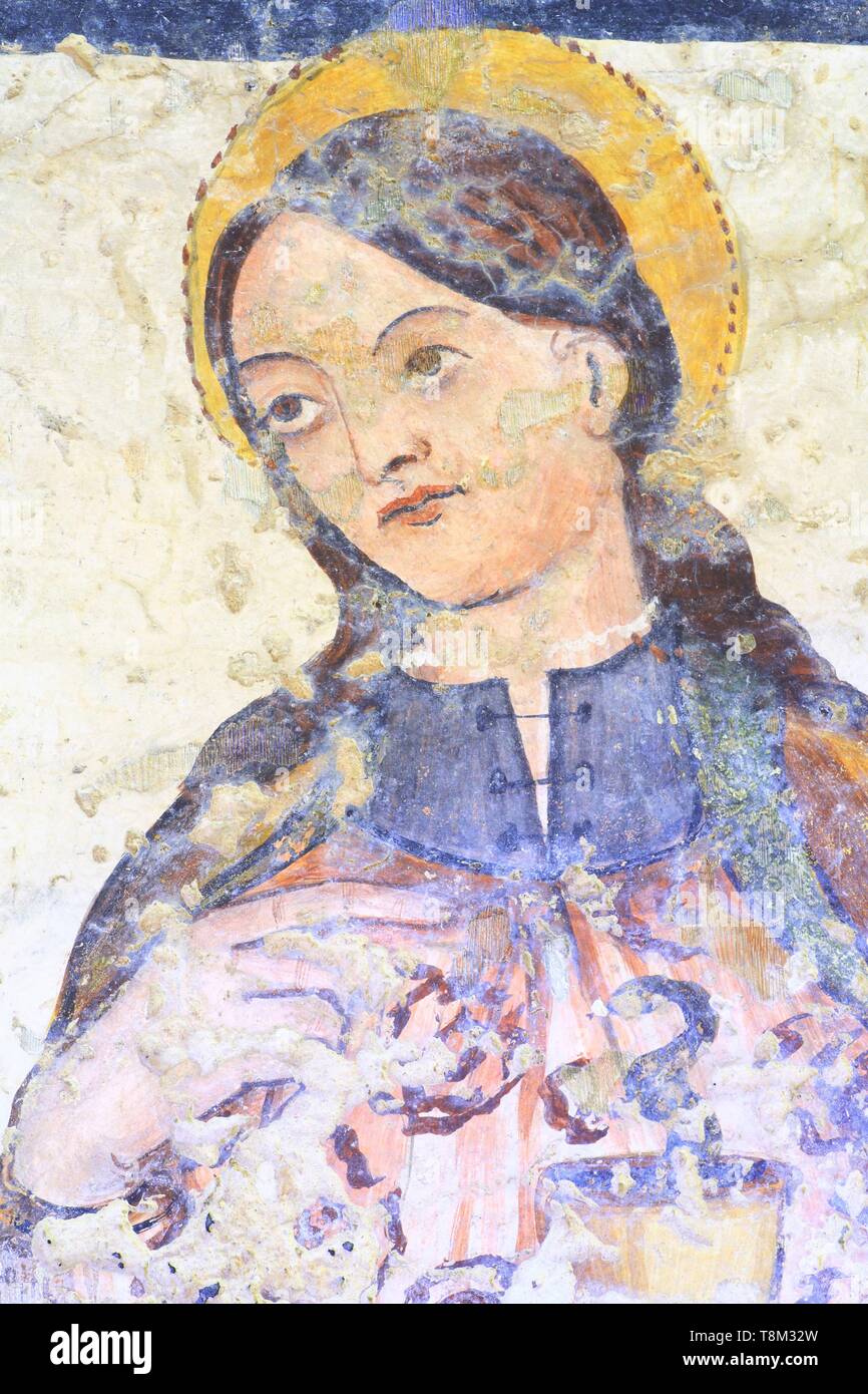 L'Italie, la Basilicate, Matera, vieille ville troglodytique classée au Patrimoine Mondial de l'UNESCO, Capitale européenne de la Culture 2019, Sassi di Matera, San Giovanni in Monterrone Rock Church (14e siècle) creusés dans le tuf, fresque de Saint Jean Baptiste (17ème siècle) Banque D'Images