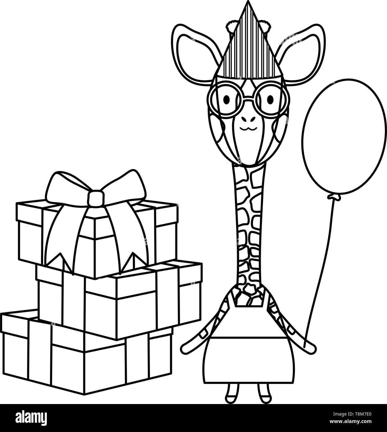 Cute giraffe avec de l'hélium et ballons cadeaux dans d'anniversaire vector illustration design Illustration de Vecteur