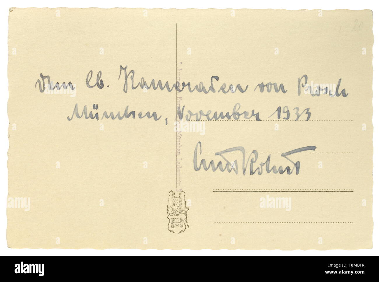 Ernst Röhm, Adolf Hitler et Hermann Göring - Une carte postale signée. Photo Carte postale ('La Minute de silence") par la maison d'édition Munich Jungwirth, sur l'avers des signatures d'encre de Göring et Hitler, à l'arrière avec le dévouement de Röhm (tr.) "à mon cher camarade von Prosch dans Munich, novembre 1933 Ernst Röhm'. Gerhard von Prosch a été inculpé après enquête portant sur la "Nuit des longs couteaux" à cause de 'la sodomie homosexuelle et de proxénétisme" (lui et Röhm auraient les relations homosexuelles à plusieurs juvéniles). Prosch a été condamné à huit mois de prison en 1, Editorial-Use-seulement Banque D'Images
