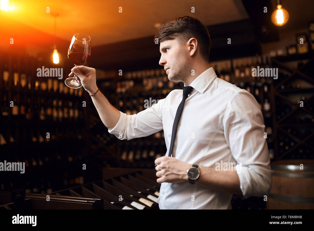 Jeune homme agréable cerner et d'examiner les vins, le cépage de référence, le lieu d'origine, et vintage.close up side view photo Banque D'Images