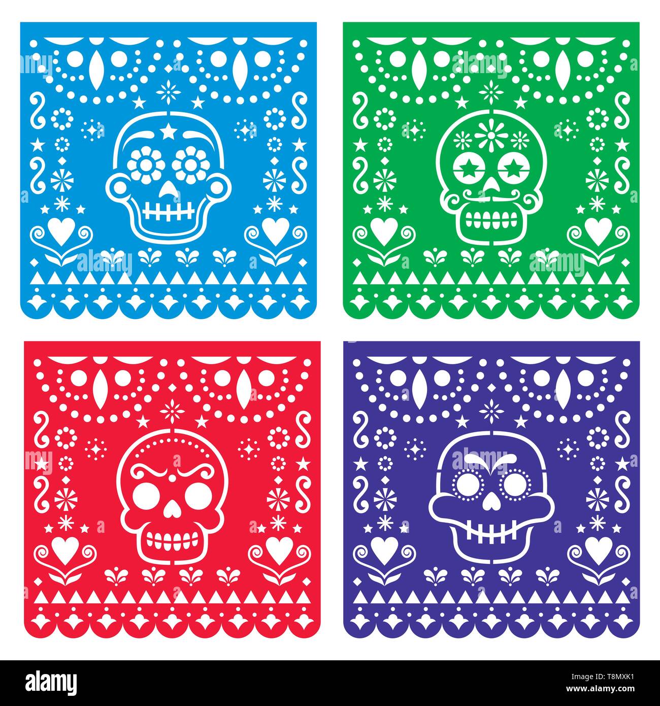 Papel Picado design avec des crânes de sucre mexicain, découper papier collection pattern - Halloween, Dia de los Muertos, jour de célébration des morts Illustration de Vecteur