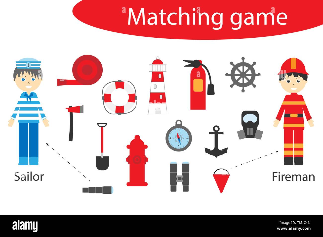 Jeu de correspondance de profession pour les enfants, connecter les choses avec besoin de profession, l'exercice pour les enfants d'âge préscolaire, une tâche logique pour le développement de Illustration de Vecteur