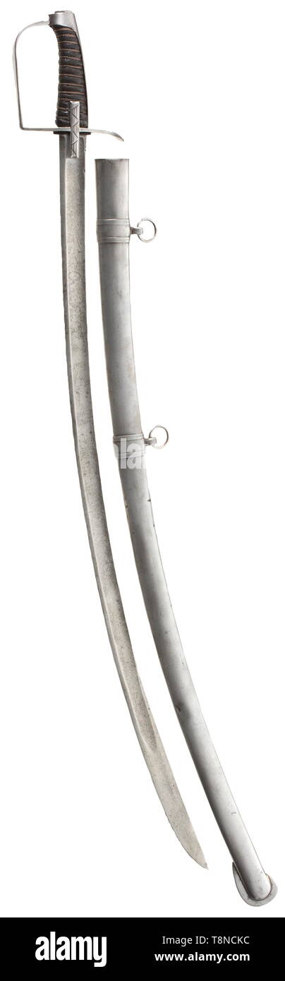 Un chasseur Sabre pour officiers, fin du 18e siècle lame courbe, le tiers inférieur avec de petites gravures en trophée. Poignée étrier de fer avec poignée recouverte de cuir, languet avec un fil de cuivre d'enrubannage. Fourreau de fer à deux anneaux de suspension mobile. Toutes les surfaces nettoyées. Légèrement taché de lame. Longueur 102 cm., historique, historique du 18e siècle, l'Europe, 18e siècle, Editorial-Use-seulement Banque D'Images
