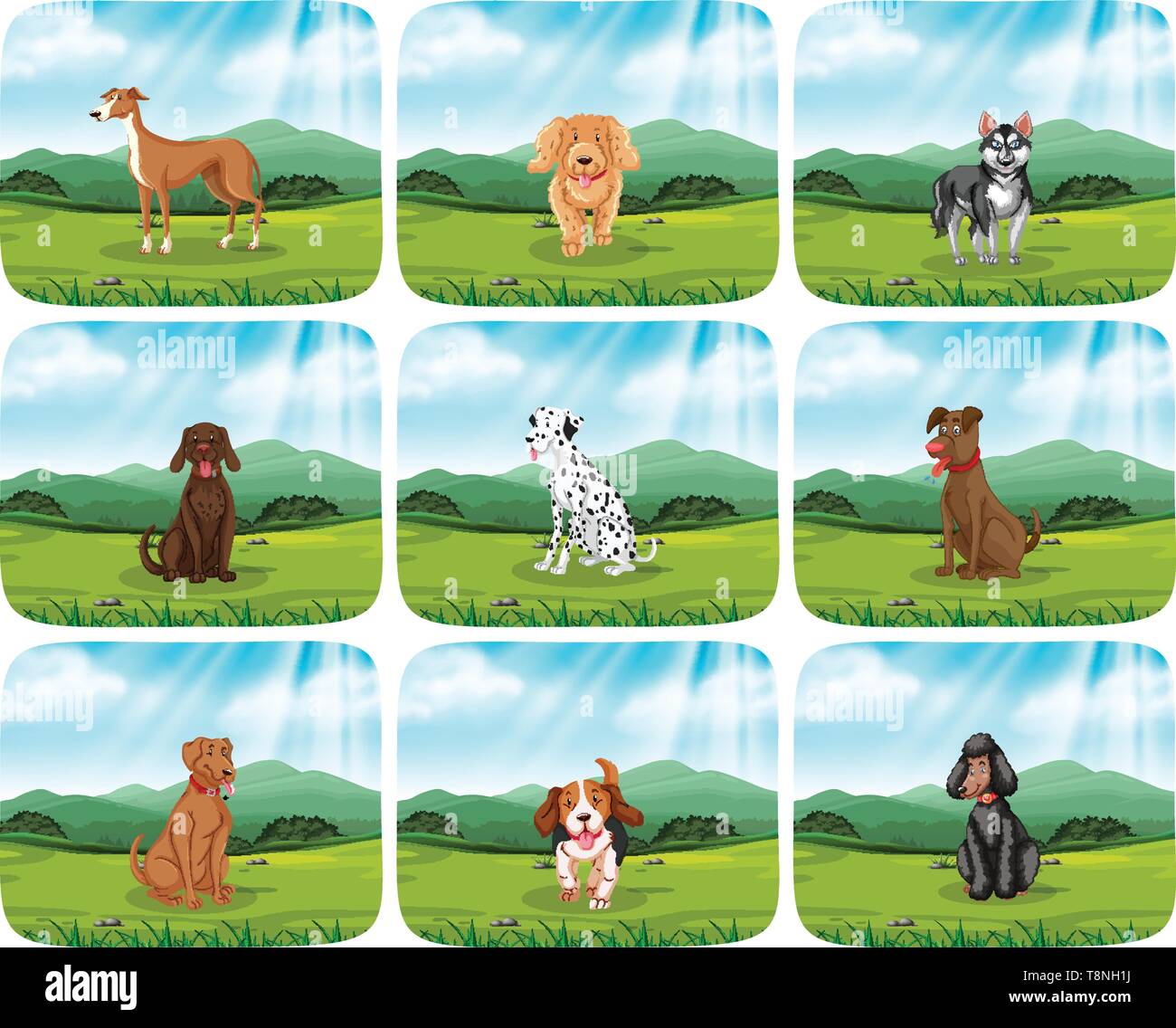 Jeu de chiens dans l'illustration de la scène du parc Illustration de Vecteur