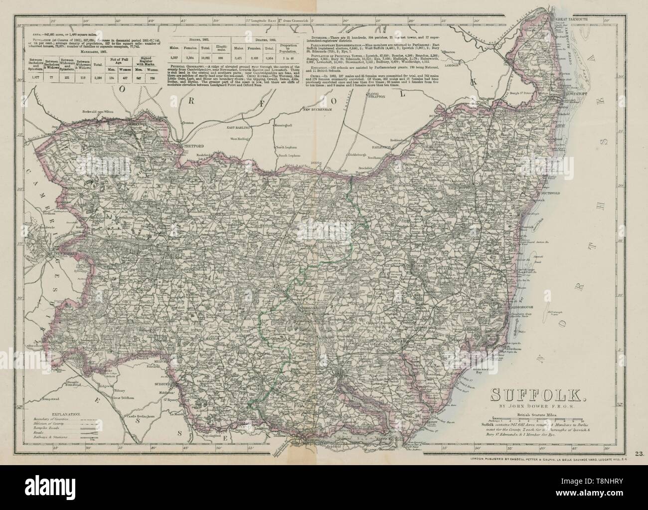 Le Suffolk County carte antique. Chemins de fer. Bury St Edmunds Ipswich. 1862 DOUAIRE Banque D'Images