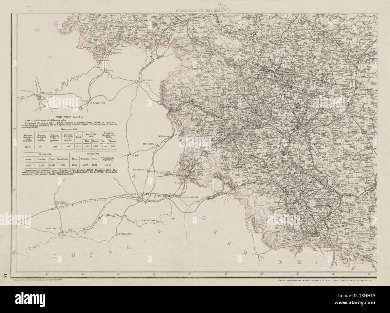 YORKSHIRE DU SUD-OUEST. Sheffield Leeds Bradford Halifax. WELLER 1863 carte ancienne Banque D'Images