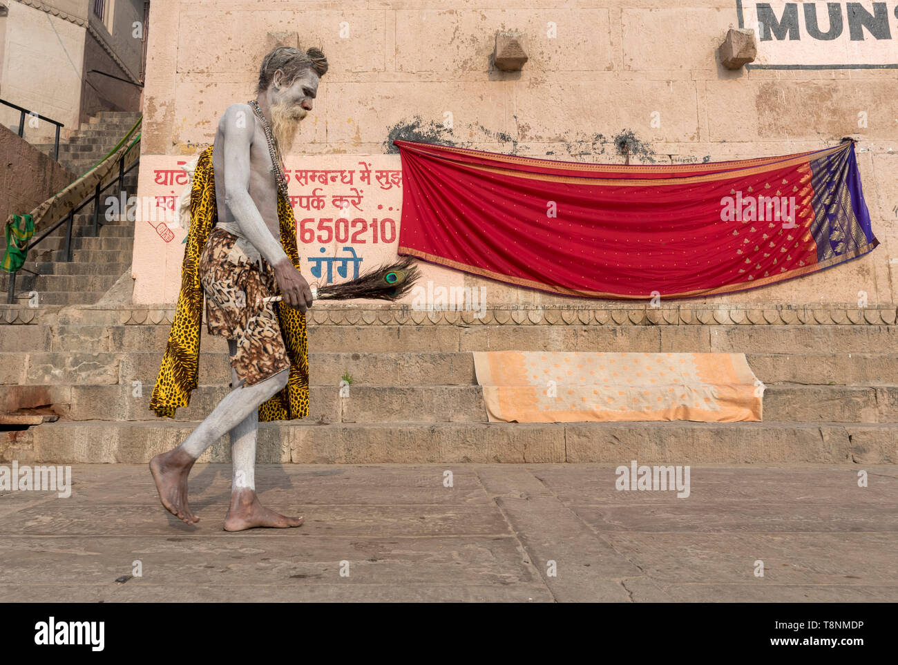 Sadhu (saint homme) recouvert de cendres promenades le long des ghats du Gange, Vranasi, Inde Banque D'Images
