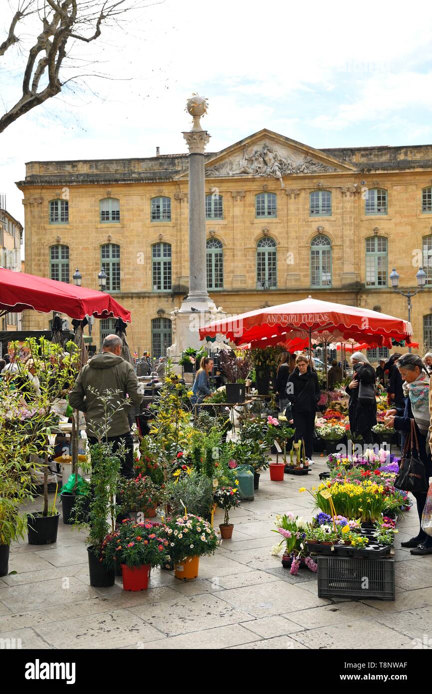 France, Bouches du Rhone, Aix en Provence, Place de l'Hôtel de Ville (City Hall Square), marché et fontaine des tanneurs Banque D'Images
