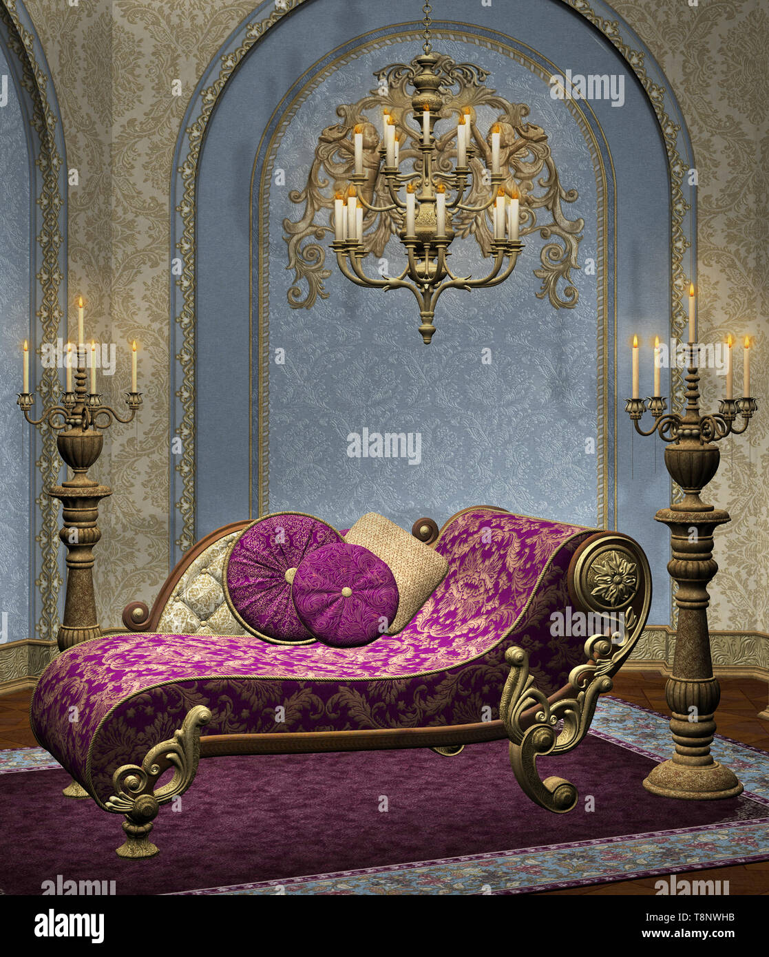 Chambre baroque avec des chandeliers et de belles décorations Banque D'Images
