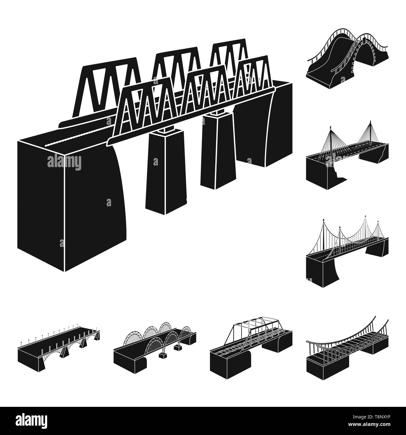 Bridge,modernes,montage,piétonne,rock,des,mobile,fer,mer,coffrage,déménagement, lift, assemblé, pendaison,railroad,long,brick,autoroute,colonnes,rivière,banque,mains courantes,support,AJUSTABLE,metal,vieux,port,cascade,colonne,ponts,côté,architecture,vue,vue,passage,structure,design,connexion,set,icône,,illustration,collection,isolé,graphique,élément,signer,Black,de simples vecteurs vecteur , Illustration de Vecteur