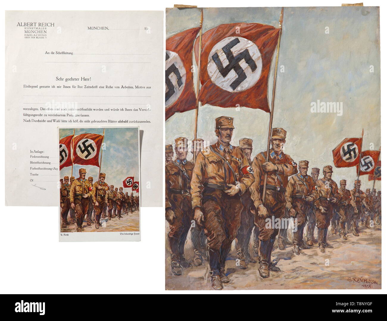 Albert Reich (1881 - 1942) - un dessin et photo carte postale 'Le vivant' avant couleur originale master. Gouache et craie sur du carton. Signée et datée en bas à droite 'A. Reich. Mchn. 1931'. SA hommes marchant en rangs avec étendard au premier plan. Dimensions 36 x 27,5 cm. Sont inclus l'image carte postale imprimée à partir de cette pièce et un formulaire vierge avec laquelle l'artiste a offert ses oeuvres non publiées par les éditeurs pour la publication, l'inverse avec dessins à l'encre. Des couleurs fraîches, seuls de légers signes de l'âge. Lieux historiques, Historiques, 20e siècle, 1930, 1940, f, Editorial-Use-seulement Banque D'Images