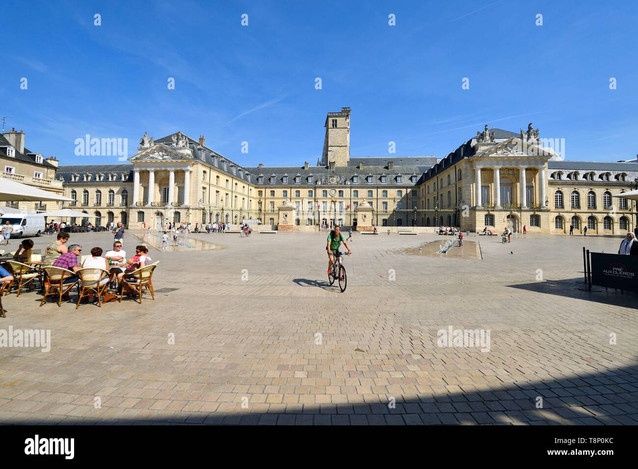 France, Côte d'Or, paysage culturel de climats de Bourgogne classé au Patrimoine Mondial par l'UNESCO, Dijon, fontaines sur la place de la Libération (Place de la libération) en face de la Tour Philippe le Bon (Philippe le Bon) et le Palais des Ducs de Bourgogne qui abrite l'hôtel de ville et le Musée des beaux-arts Banque D'Images