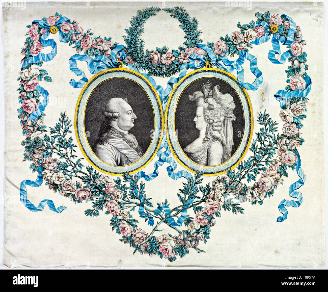 Louis XVI et Marie-Antoinette, gravure de couleur main, profil portrait double, 18th siècle Banque D'Images