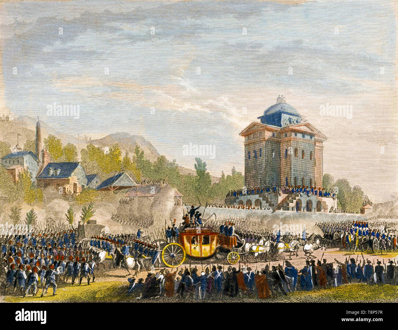 Le retour de Louis XVI à Paris de Varennes le 25 juin 1791, la gravure sur cuivre de couleur par Jean Duplessis-Bertaux Banque D'Images