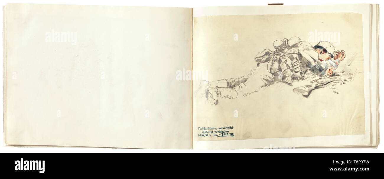 Erich R. Döbrich-Steglitz - une ébauche de dossier le front de l'Ouest Deuxième Guerre mondiale. Lin gris, à l'intérieur 'Papeteries Nias - La Maison du Registre - 59, rue Neuve, Bruxelles'. 28 feuilles de croquis, de nombreux commentaires, toutes les feuilles portent le cachet de l'OKW (Haut Commandement de la Wehrmacht) datée du 3 août 1940 : 'Veröffentlichung unbedenklich - Widerruf vorbehalten' ('pas d'objection à la publication - l'objet d'une révocation'). 28 feuilles de croquis avec des dessins d'excellente qualité, la plupart d'entre eux ont probablement été publié. Provenance : Collection Keith Wilson, Kansas City, , Editorial-Use historique. seule Banque D'Images