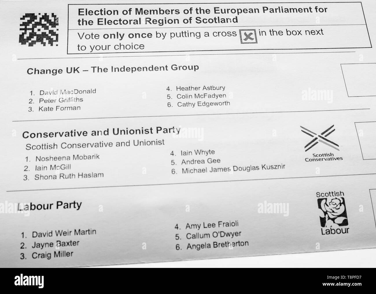 Bulletin de vote écossais pour l'élection du Parlement européen, de l'Ecosse, région électorale Mai 2019 Banque D'Images