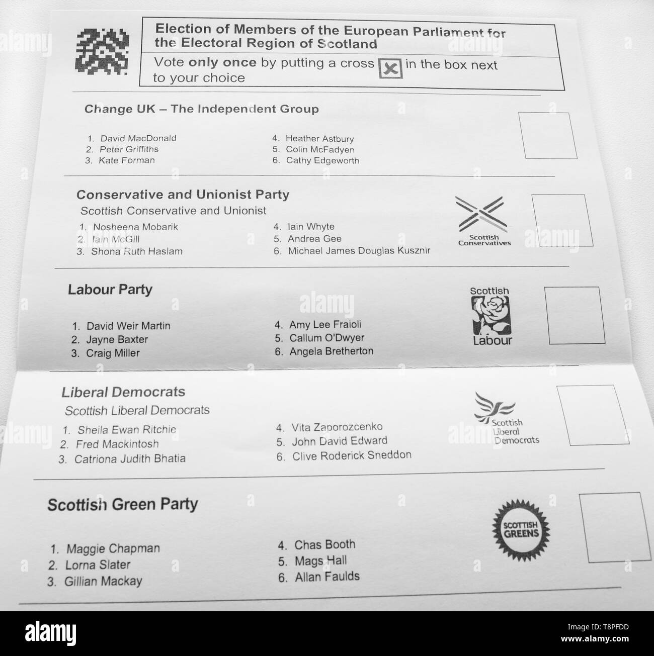 Bulletin de vote écossais pour l'élection du Parlement européen, de l'Ecosse, région électorale Mai 2019 Banque D'Images