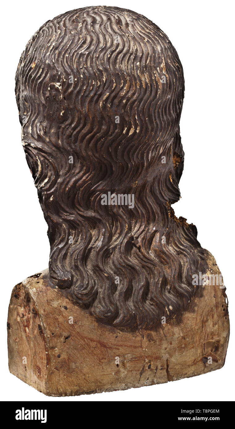 Marie Madeleine, France/Italie, 17e/18e siècle bois sculpté buste de Marie à contempler la croix, avec des yeux de verre. Partiellement la couleur, certains déplacés worming, surtout à la partie inférieure des cheveux. Hauteur 38 cm., historique, artistique, historique, l'art du 18e siècle, 17e siècle, Additional-Rights Clearance-Info-Not-Available- Banque D'Images