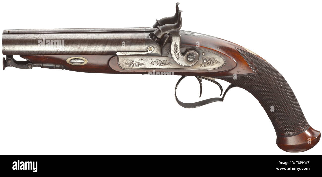 Un double-canon Howdah pistol W. Powell & Son, Grande Bretagne, circa 1850 circa 16 mm Cal. Perc, SANS S/N. Side-by-side Damas twist barils, longueur 5.5', lisse les alésages. Longueur totale 31,5 cm. Cordon de visée avant. Double détente. Sur canon rib signé 'W. POWELL & FILS'. Percussion Back action serrures avec vrille finement découpé de gravures. Breechblocks gravé de tenons et de brevets. Plaques de couleur légèrement durci à l'affaire et aussi avec vrille finement découpé gravures, signé 'POWELL'. Achat complet de noyer avec baguette de fer. Dos blanc avec monogramme, Additional-Rights Clearance-Info-Not-Available- Banque D'Images