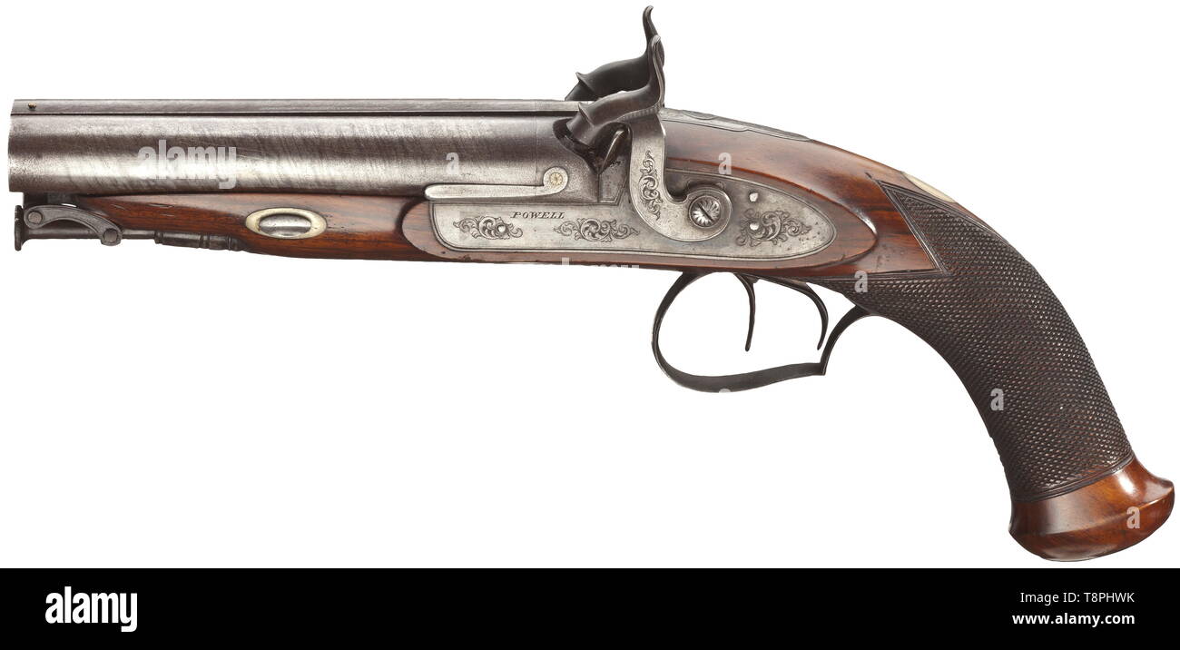 Un double-canon Howdah pistol W. Powell & Son, Grande Bretagne, circa 1850 circa 16 mm Cal. Perc, SANS S/N. Side-by-side Damas twist barils, longueur 5.5', lisse les alésages. Longueur totale 31,5 cm. Cordon de visée avant. Double détente. Sur canon rib signé 'W. POWELL & FILS'. Percussion Back action serrures avec vrille finement découpé de gravures. Breechblocks gravé de tenons et de brevets. Plaques de couleur légèrement durci à l'affaire et aussi avec vrille finement découpé gravures, signé 'POWELL'. Achat complet de noyer avec baguette de fer. Dos blanc avec monogramme, Additional-Rights Clearance-Info-Not-Available- Banque D'Images