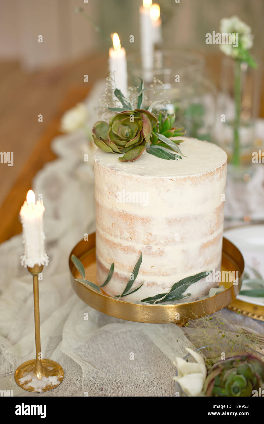 Gâteau de mariage blanc élégant avec des fleurs et plantes grasses en style Boho. Gâteau de mariage rustique Banque D'Images