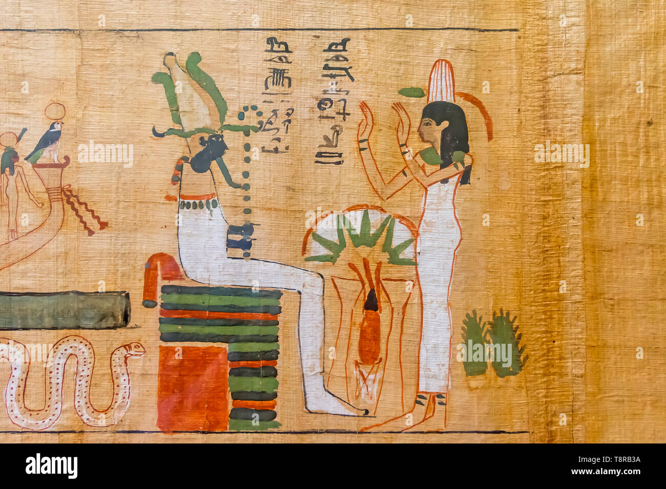 Papyrus funéraire égyptien montrant Osiris défunt sur son trône Musée d'antiquités égyptiennes Le Caire Egypte Banque D'Images