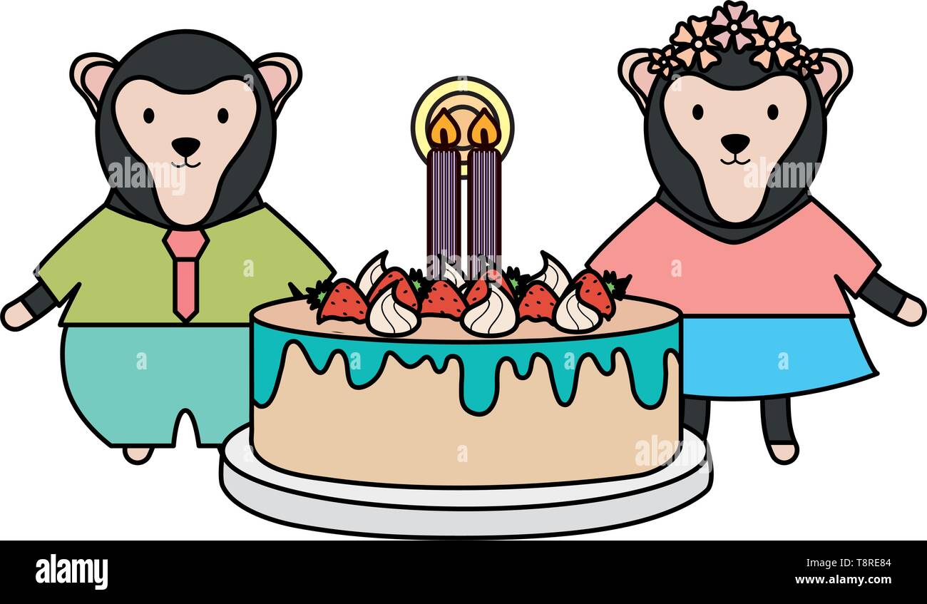 Singes Cute Couple Avec Gateau Sucre Dans D Anniversaire Vector Illustration Design Image Vectorielle Stock Alamy
