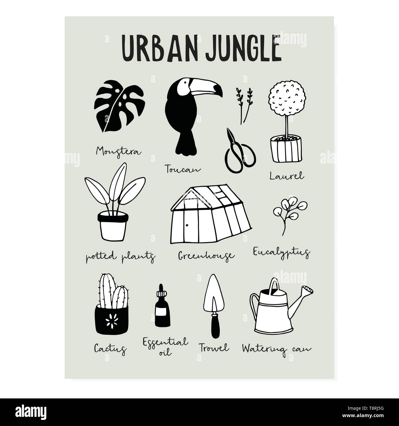 Carte de vœux de l'été, l'affiche de la jungle urbaine. Oiseau toucan dessiné à la main avec des plantes tropicales, monstera, ecucalyptus feuilles, serre, plantes en pot et Illustration de Vecteur
