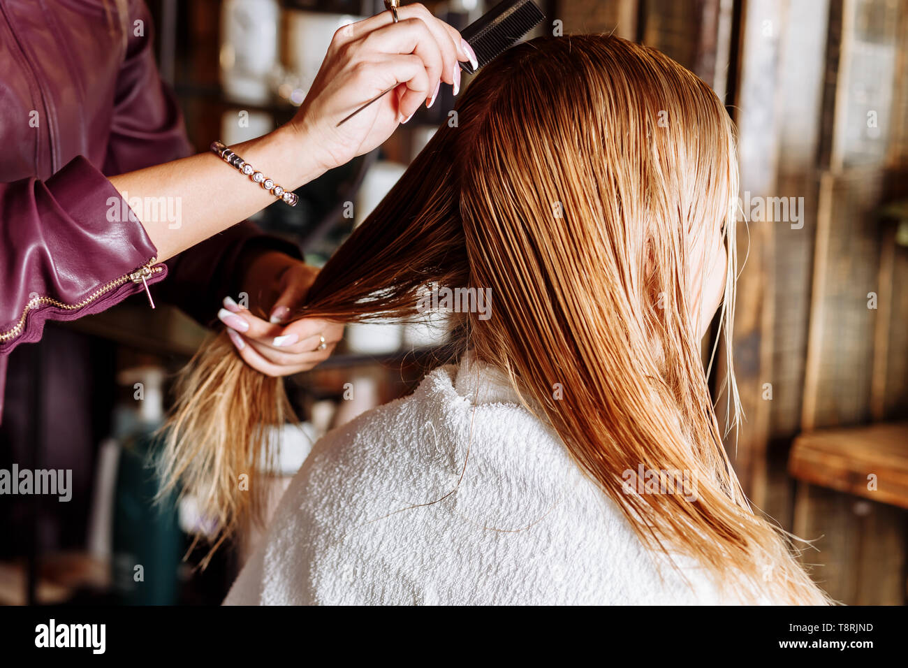 Le brossage des cheveux humides coiffure professionnel de belle jeune femme  blonde avant teinture cheveux. Produits de soins capillaires, santé et  beauté. Photo gros plan de Photo Stock - Alamy