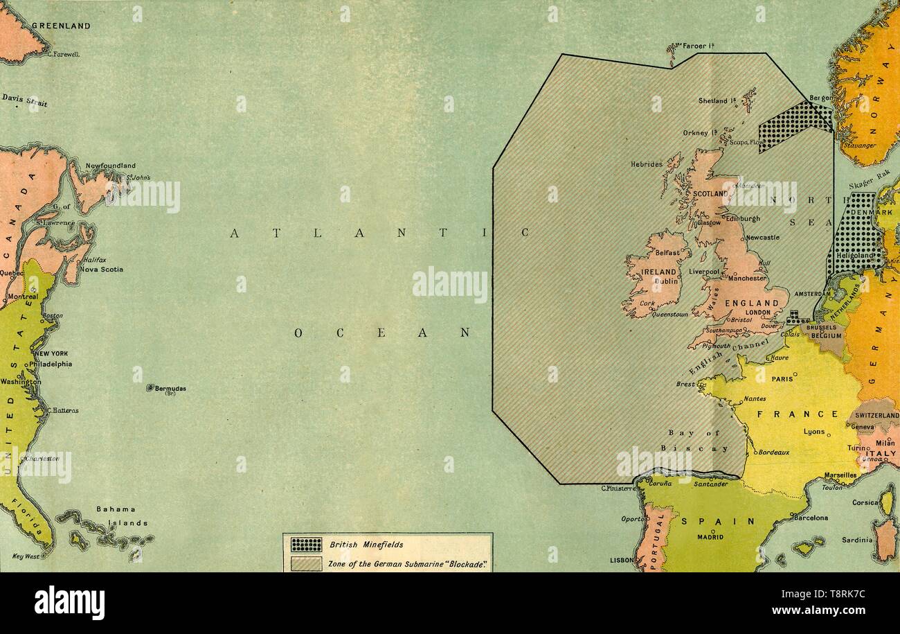 'Map pour illustrer le sous-marin allemand blocus et les Britanniques de mines...', 1919. Organisateur : Londres Institut géographique national. Banque D'Images
