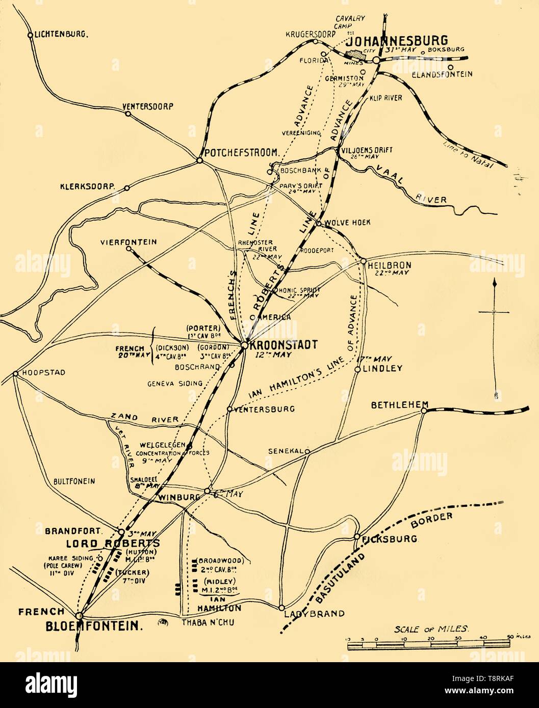 'Map montrant les lignes de l'avance de Bloemfontein à Pretoria", 1901. Créateur : Inconnu. Banque D'Images