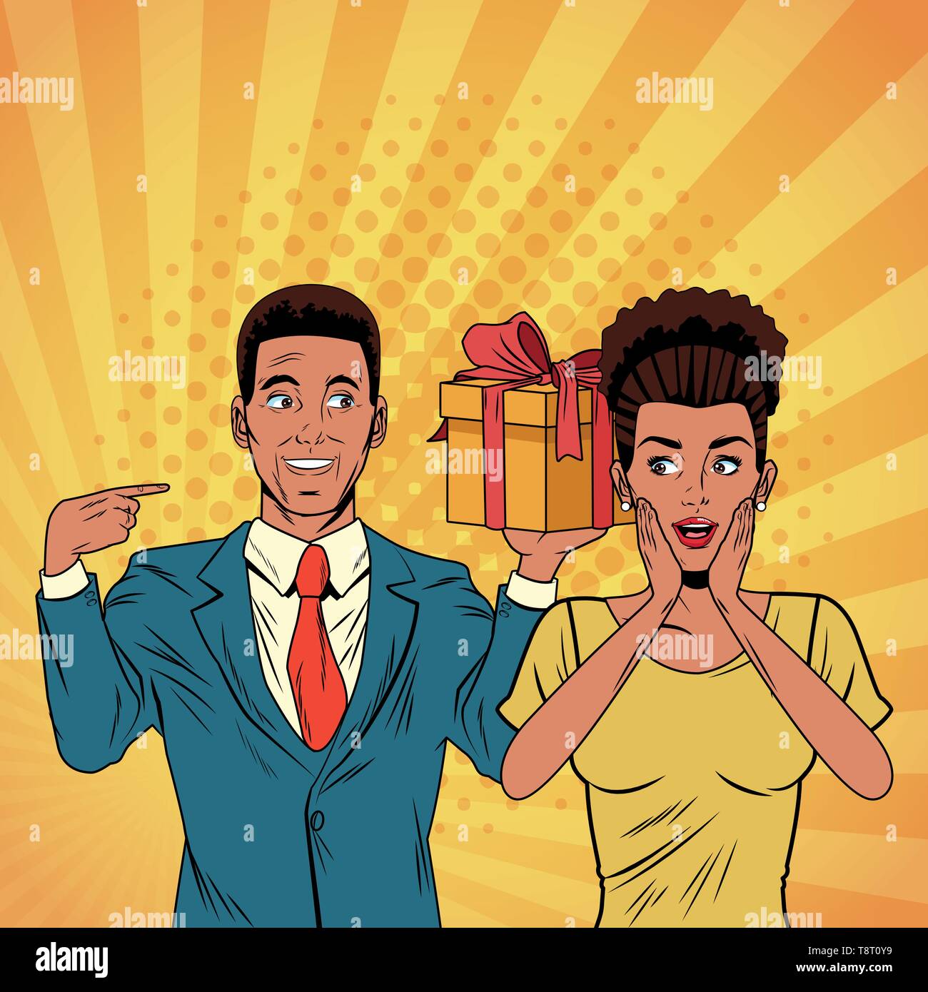 Pop art business couple présent cartoon Illustration de Vecteur